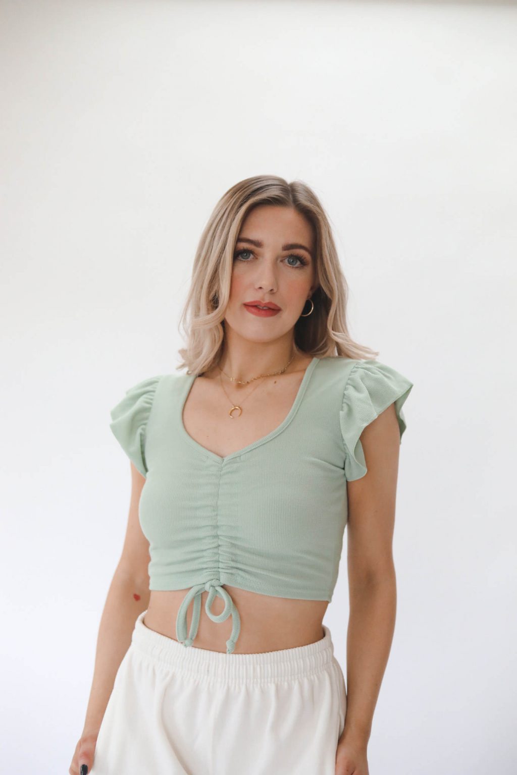 V Neck Ruched Crop Top Olive Green Niamhy Clothing